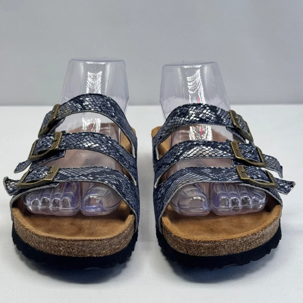 Naot Austin Navy Snakeskin Leather Triple Buckle Slide Sandals EU36 US5
